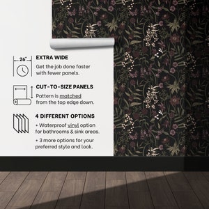 May include: A white sheet with black text describing the features of a wallpaper roll. The text reads: "26" EXTRA WIDE Get the job done faster with fewer panels. CUT-TO-SIZE PANELS Pattern is matched from the top edge down. 4 DIFFERENT OPTIONS + Waterproof vinyl option for bathrooms & sink areas. + 3 more options for your preferred style and look."