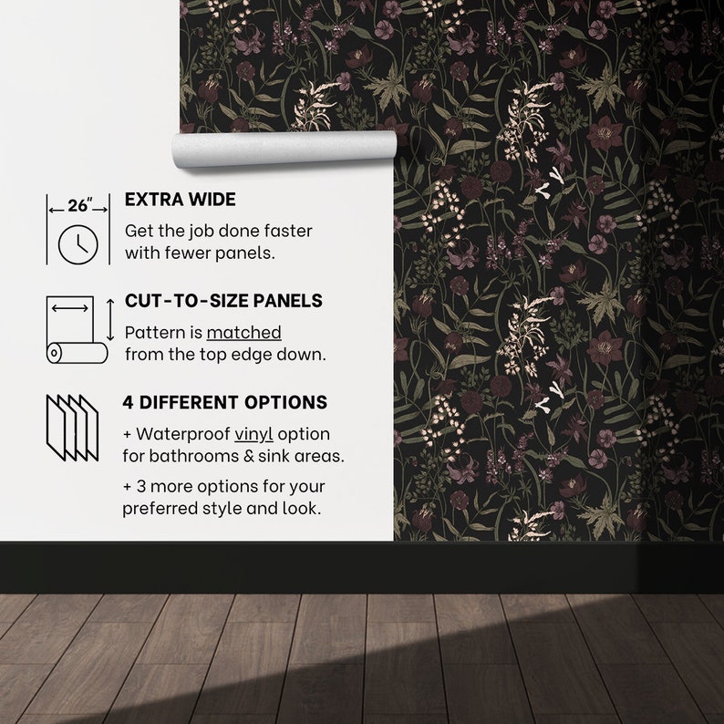 May include: A white sheet with black text describing the features of a wallpaper roll. The text reads: "26" EXTRA WIDE Get the job done faster with fewer panels. CUT-TO-SIZE PANELS Pattern is matched from the top edge down. 4 DIFFERENT OPTIONS + Waterproof vinyl option for bathrooms & sink areas. + 3 more options for your preferred style and look."