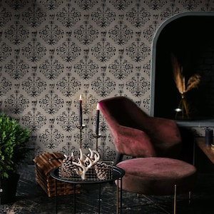 Schädel-Damast-Tapete | Beige Vintage Schlafzimmer Badezimmer | Abnehmbar, Peel Stick, Vorgeklebt | Gothic Viktorianische Dark Academia Tapete