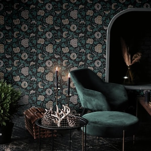 Dark Vintage Floral Wallpaper | Victorian Maximalist Bathroom Bedroom | Removable Peel and Stick Prepasted | Black Teal Botanical Wallpaper