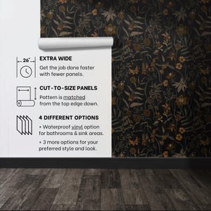 May include: A white background with black text describing the features of a wallpaper. The text reads "EXTRA WIDE Get the job done faster with fewer panels. CUT-TO-SIZE PANELS Pattern is matched from the top edge down. 4 DIFFERENT OPTIONS + Waterproof vinyl option for bathrooms & sink areas. + 3 more options for your preferred style and look."