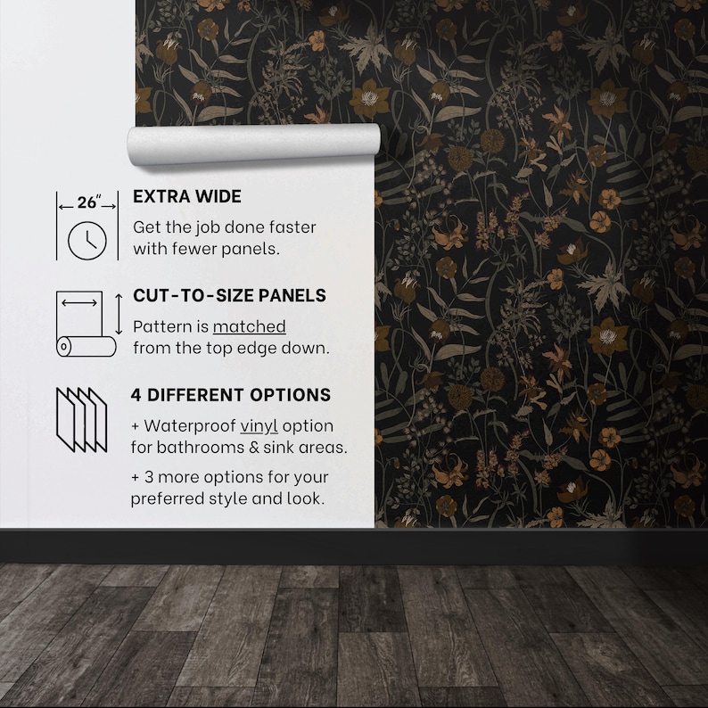 May include: A white background with black text describing the features of a wallpaper. The text reads "EXTRA WIDE Get the job done faster with fewer panels. CUT-TO-SIZE PANELS Pattern is matched from the top edge down. 4 DIFFERENT OPTIONS + Waterproof vinyl option for bathrooms & sink areas. + 3 more options for your preferred style and look."