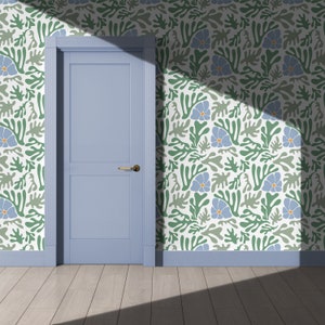 Carta da parati Matisse verde e blu / Decorazione funky retrò anni '60 e '70 / Rimovibile, stacca e attacca, preincollata / Vivaio floreale botanico