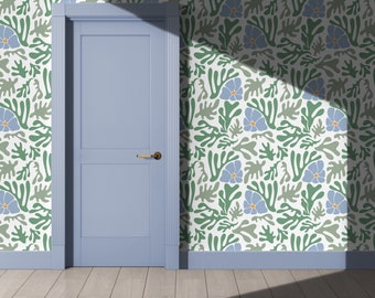 Green and Blue Matisse Wallpaper | 60s 70s Retro Funky Decor | Removable Peel and Stick, Prepasted | Botanical Floral Nursery