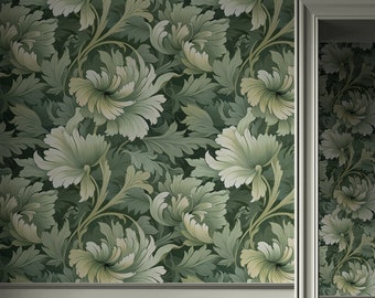 Papier peint feuille vert sauge | Salle de bain de chambre Art nouveau victorienne vintage | Papier peint autocollant, préencollé | Décor baroque de grandes feuilles