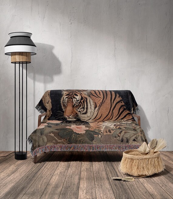 Tiger Woven Blanket | Forest Vintage Antique Floral Asian