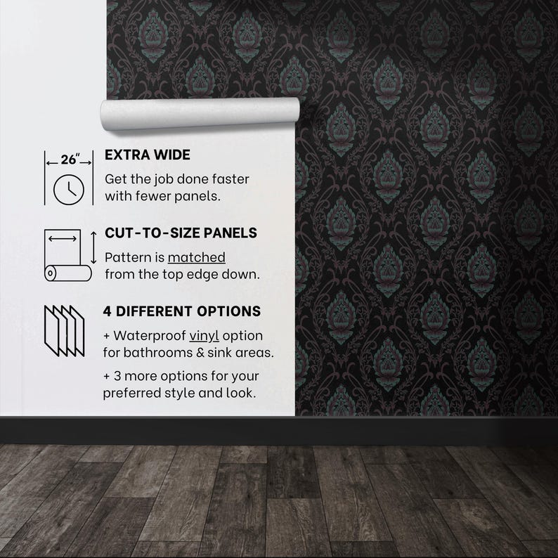 Puede incluir: Un patr&oacute;n de papel tapiz damasco en blanco y negro con un borde blanco. El borde incluye texto que dice "EXTRA WIDE", "Get the job done faster with fewer panels", "CUT-TO-SIZE PANELS", "Pattern is matched from the top edge down", "4 DIFFERENT OPTIONS", "+ Waterproof vinyl option for bathrooms & sink areas", "+ 3 more options for your preferred style and look."