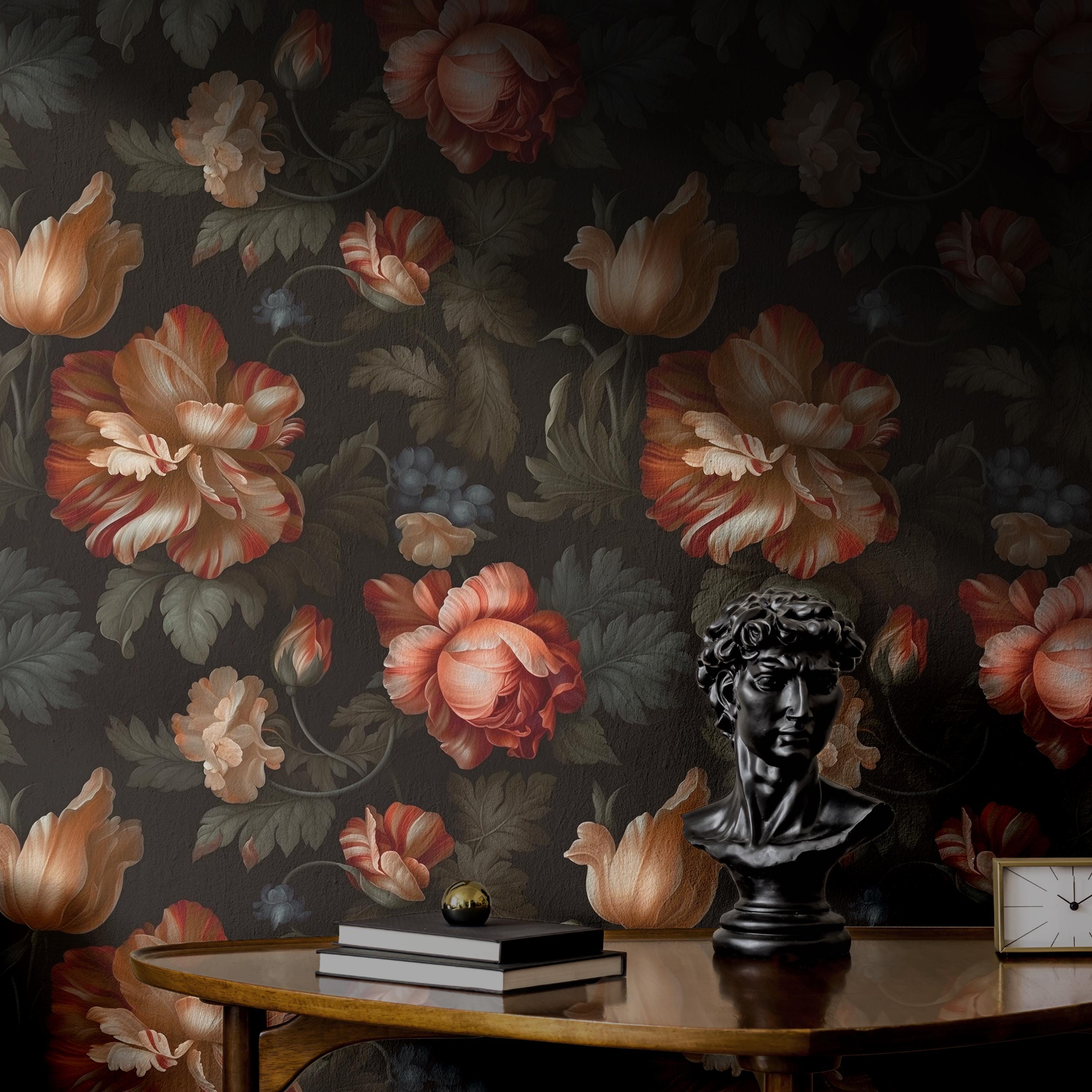 Moody Dark Floral Wallpaper | Black Baroque Bedroom Bathroom