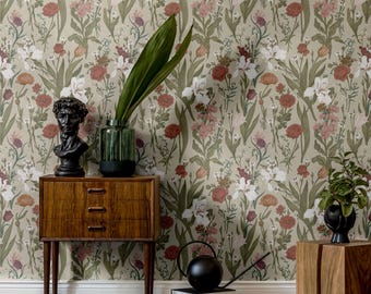 Vintage bloemenbehang | Maximalistische landelijke slaapkamer badkamer | Verwijderbaar, peel-and-stick, voorgelijmd | Botanisch taupe wilde bloemenbehang