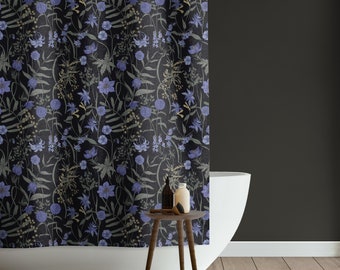 Moody Wildflower Shower Curtain | Vintage Black and Blue Botanical Bathroom Decor | Dark Whimsical Maximalist Bathtub Curtain