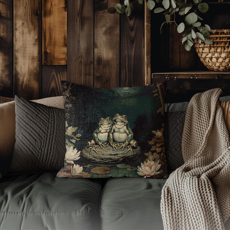 Frog Couple Decorative Throw Pillow Vintage Dark Cottagecore Forest