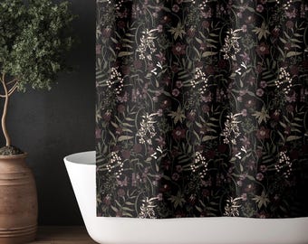 Moody Black Botanical Shower Curtain | Vintage Floral Bathroom Decor | Dark Academia Wildflower Maximalist Bathtub Curtain