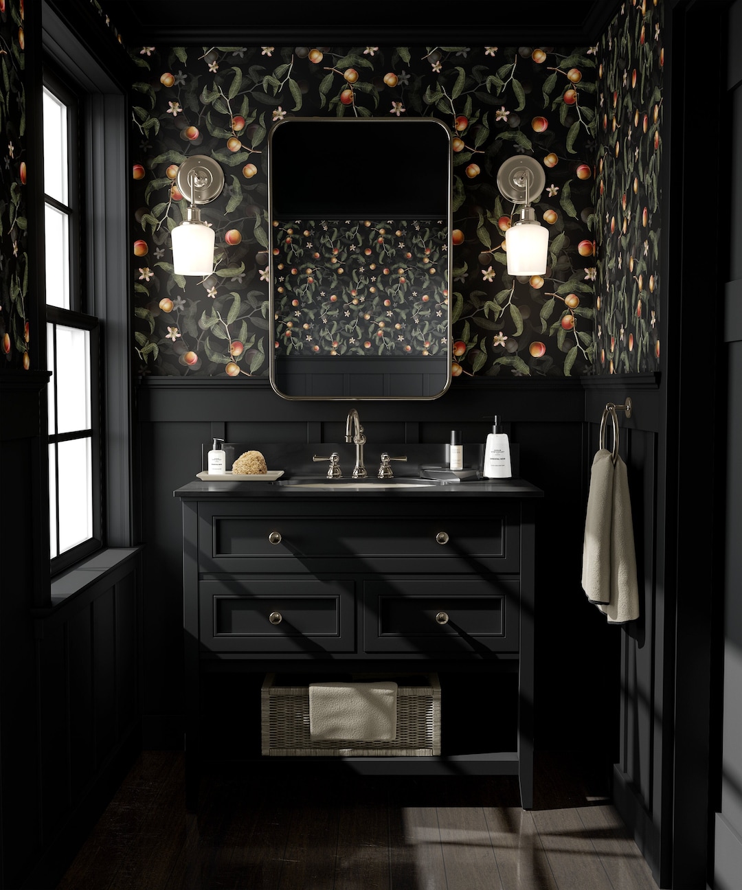 Black Moody Wallpaper | Botanical Watercolor Peach Bathroom Wallpaper ...