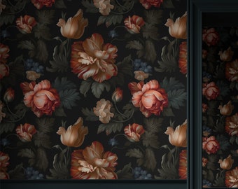 Moody Dark Floral Wallpaper / Dutch Black Flowers Bouquet Dormitorio Baño / Peel and Stick extraíble, Prepasted / Decoración de flor de peonía grande