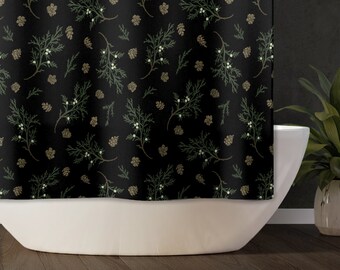 Black Pinecone Forest Shower Curtain | Moody Botanical Farmhouse Bathroom | Dark Vintage Woodland Shower Decor