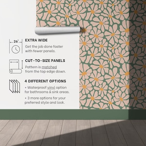 K&ouml;nnte beinhalten: Eine wei&szlig;e Wand mit einem gr&uuml;nen und rosafarbenen floralen Tapetenmuster. Die Tapete ist extra breit, in zugeschnittenen Paneelen und bietet 4 verschiedene Optionen. Der Text an der Wand lautet: "26" EXTRA BREIT Erledigen Sie die Arbeit schneller mit weniger Paneelen. ZUGESCHNITTENE PANELEN Das Muster wird vom oberen Rand nach unten angepasst. 4 VERSCHIEDENE OPTIONEN + Wasserdichte Vinyl-Option f&uuml;r Badezimmer und Waschbeckenbereiche. + 3 weitere Optionen f&uuml;r Ihren bevorzugten Stil und Look."