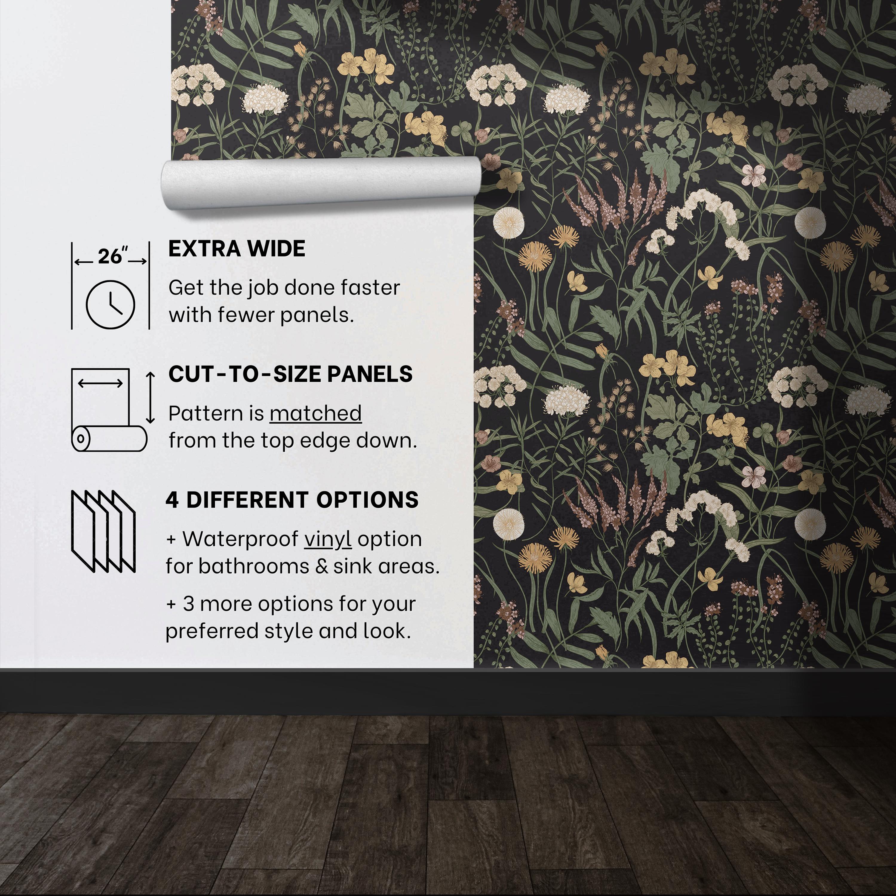 Dark Floral Peel And Stick Wallpaper – Boho Botanical Wildflower Removable Wall Paper, Renter Friendly, 17.3" X 78.7", For Bedroom, Bathroom, Kitchen, Cabinets