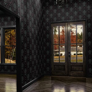 Puede incluir: Un pasillo oscuro con papel tapiz estampado en negro y verde azulado, una l&aacute;mpara de ara&ntilde;a negra y una puerta de madera con paneles de vidrio. El suelo est&aacute; hecho de tablones de madera oscura en forma de espiga.