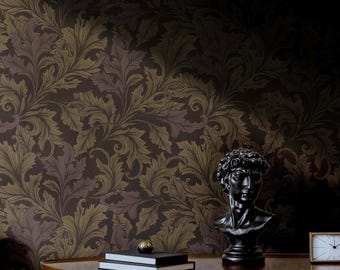 May include: A dark brown wallpaper with a gold and purple floral pattern. A black bust of a man is on a wooden table with two books and a clock.