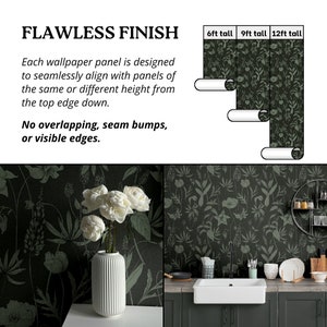 May include: A close-up of a kitchen with a dark green floral wallpaper. The wallpaper is seamless and has a flawless finish. The text on the image reads "FLAWLESS FINISH" and "Each wallpaper panel is designed to seamlessly align with panels of the same or different height from the top edge down. No overlapping, seam bumps, or visible edges."