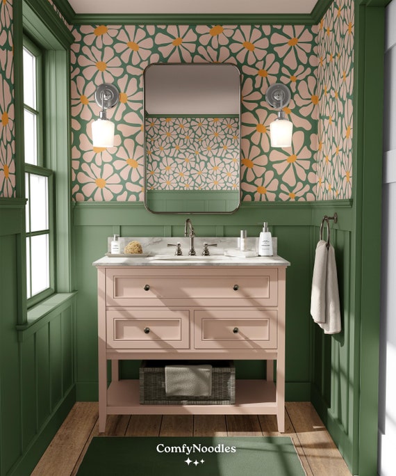 Retro Botanical Wallpaper | Funky Wallpaper for Bathroom | Removable Peel Stick Green and Orange Mid Century Modern Floral Daisy