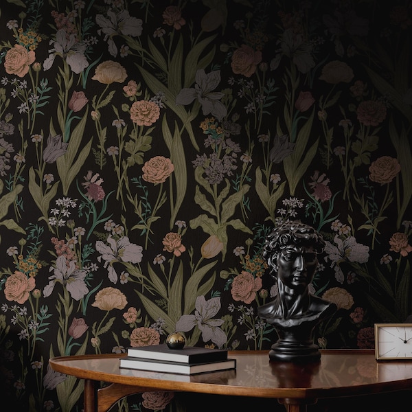 Stämningsfull botanisk tapet | Dämpad vintage vildblommig sovrumsbadrum | Avtagbar självhäftande stift, förklistrad | Dark Academia Floral Maximalist