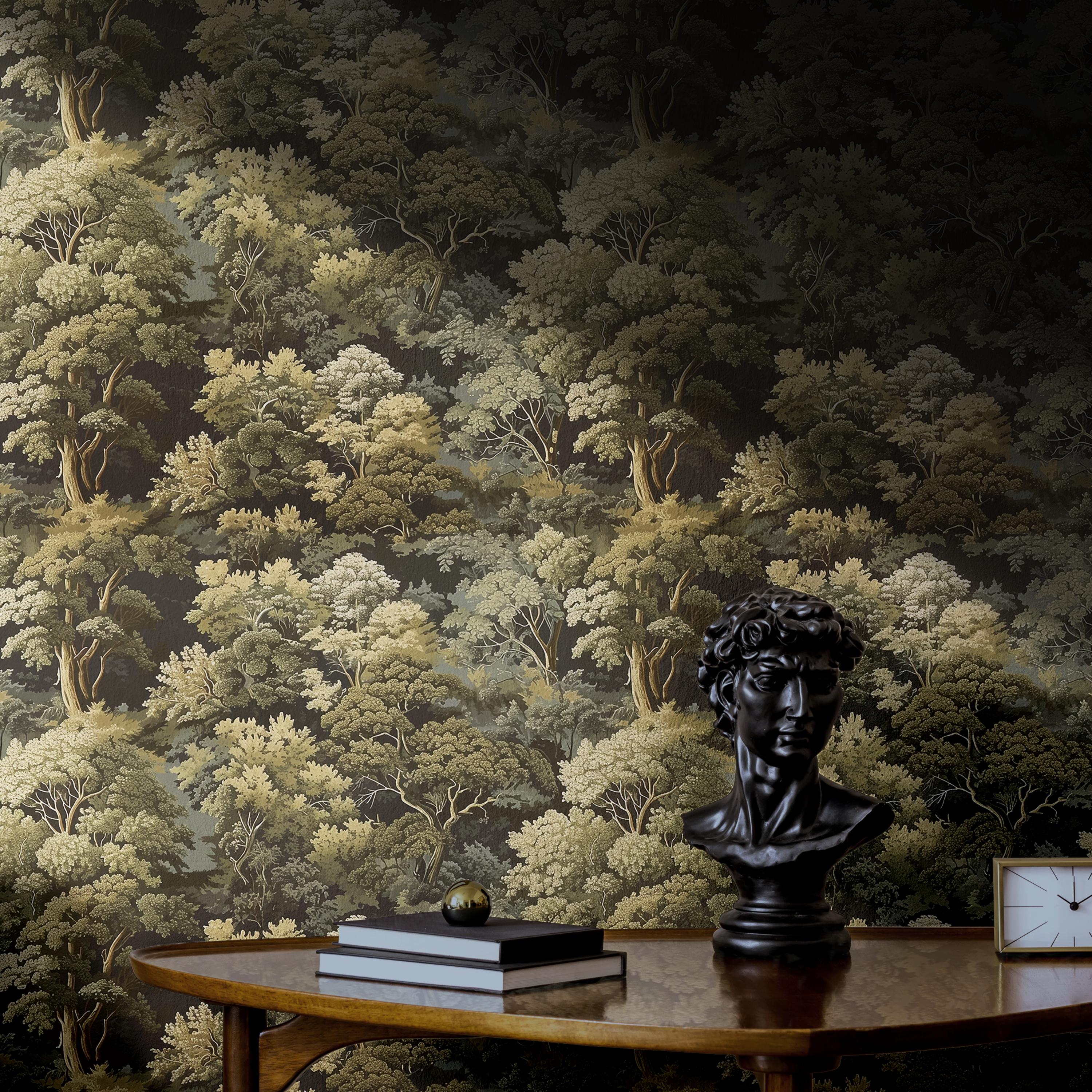 Forest Trees Wallpaper | Vintage Antique Bathroom Bedroom | Removable Peel and Stick Prepasted | Cottagecore Country Woodland Wallpaper