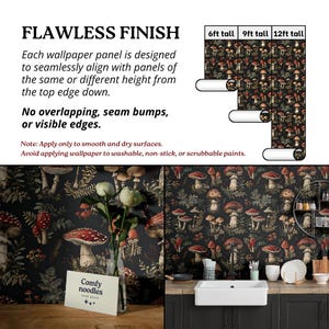 May include: A black and white wallpaper with a repeating pattern of red and white mushrooms, green leaves, and brown branches. The wallpaper is shown in a kitchen setting with a white sink and black cabinets. The text "Comfy noodles home decor" is visible in the bottom left corner of the image.