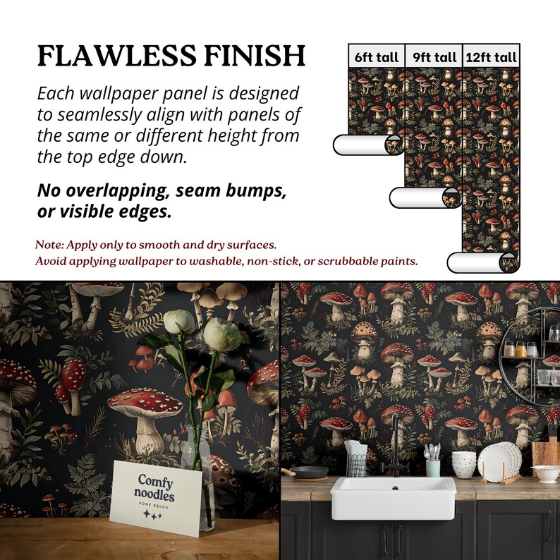 May include: A black and white wallpaper with a repeating pattern of red and white mushrooms, green leaves, and brown branches. The wallpaper is shown in a kitchen setting with a white sink and black cabinets. The text "Comfy noodles home decor" is visible in the bottom left corner of the image.