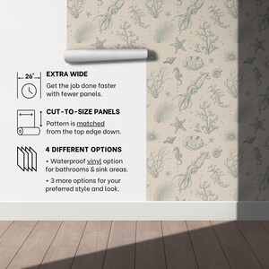 May include: A close-up of a wall with a beige background and a repeating pattern of sea creatures in a light blue color. The pattern includes seahorses, starfish, seashells, and squid. The text on the wall reads: "26" EXTRA WIDE Get the job done faster with fewer panels. CUT-TO-SIZE PANELS Pattern is matched from the top edge down. 4 DIFFERENT OPTIONS + Waterproof vinyl option for bathrooms & sink areas. + 3 more options for your preferred style and look."