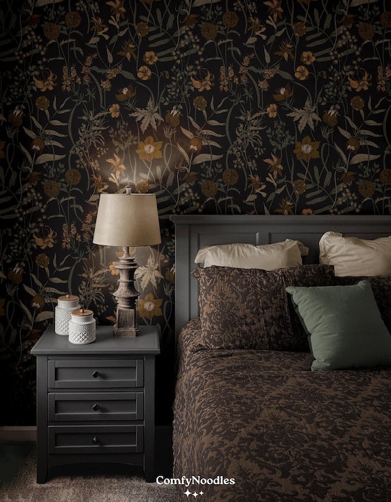 Moody Muted Botanical Wallpaper | Vintage Wildflower Bedroom Bathroom | Removable Peel Stick, Prepasted | Earthy Dark Academia Maximalist