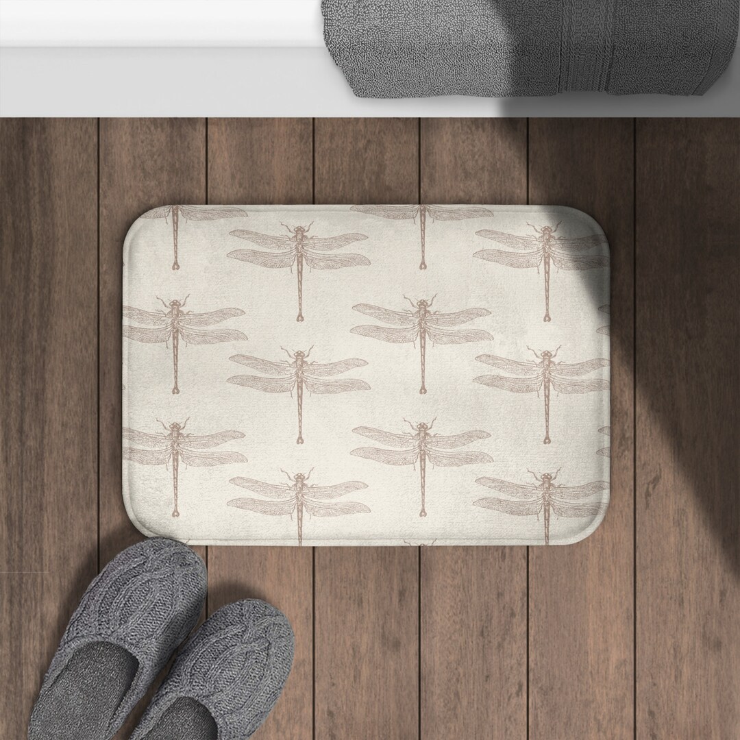Boho Dragonfly Bath Mat | Non Slip Microfiber Memory Foam | Beige ...