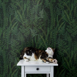Deep Green Fern Wallpaper | Whimsical Foliage Bedroom Bathroom | Peel and Stick or Prepasted | Dark Cottagecore Botanical Forest Leaf