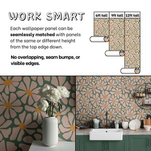 K&ouml;nnte beinhalten: Eine K&uuml;che mit einem gr&uuml;nen Schrank und einem wei&szlig;en Sp&uuml;lbecken. Die Wand ist mit einer Tapete bedeckt, die ein sich wiederholendes Muster aus rosa und gr&uuml;nen Blumen zeigt. Der Text "WORK SMART" ist oben im Bild sichtbar. Der Text "Jedes Tapetenpaneel kann nahtlos mit Paneelen der gleichen oder unterschiedlichen H&ouml;he vom oberen Rand nach unten abgeglichen werden. Keine &Uuml;berlappungen, Nahtw&uuml;lste oder sichtbare Kanten." ist ebenfalls sichtbar.