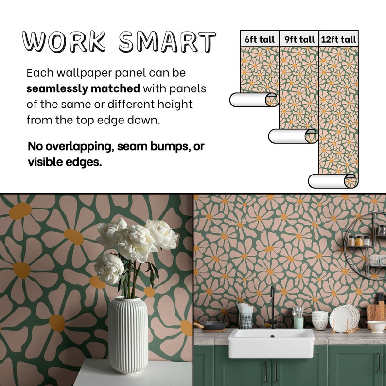 K&ouml;nnte beinhalten: Eine K&uuml;che mit einem gr&uuml;nen Schrank und einem wei&szlig;en Sp&uuml;lbecken. Die Wand ist mit einer Tapete bedeckt, die ein sich wiederholendes Muster aus rosa und gr&uuml;nen Blumen zeigt. Der Text "WORK SMART" ist oben im Bild sichtbar. Der Text "Jedes Tapetenpaneel kann nahtlos mit Paneelen der gleichen oder unterschiedlichen H&ouml;he vom oberen Rand nach unten abgeglichen werden. Keine &Uuml;berlappungen, Nahtw&uuml;lste oder sichtbare Kanten." ist ebenfalls sichtbar.