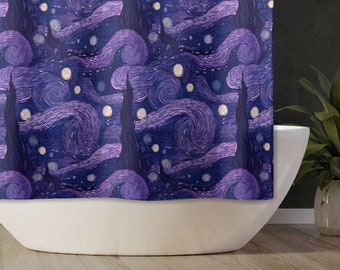 Van Gogh Starry Night Shower Curtain | Dreamy Cloud Bathroom Decor | Art Aesthetic Purple Bathtub Curtain