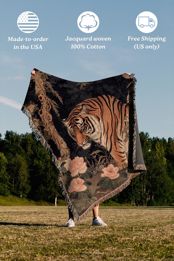 Tiger Woven Blanket | Forest Vintage Antique Floral Asian