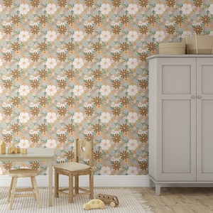 Carta da parati floreale boho anni '60 e '70 / Camera da letto e bagno con estetica retrò / Rimovibile, stacca e attacca, preincollata / Decorazione beige botanica con margherite funky