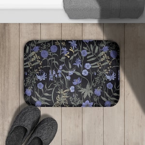Humeurige Wildflower Badmat | Antislip microvezel-geheugenschuim | Donker vintage botanisch badkamerdecor | Zwarte grillige maximalistische badmat