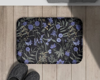 Tapis de bain fleurs sauvages Moody | Mousse mémoire en microfibre antidérapante | Décoration de salle de bain botanique vintage foncé | Tapis de bain noir fantaisie maximaliste