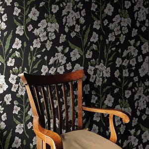 Carta da parati floreale vintage / Camera da letto e bagno botanica scura / Rimovibile, stacca e attacca, preincollata / Carta da parati con fiori selvatici bianchi massimalisti
