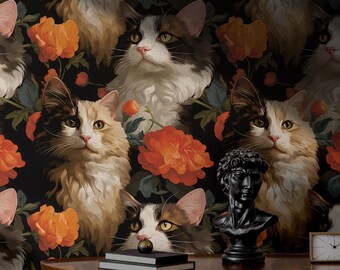Floral Cats Wallpaper | Aesthetic Bedroom Nursery | Removable, Peel and Stick Mural, Prepasted | Kittens Classical Country Statement Wall