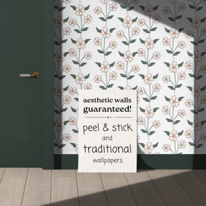 Retro Floral Wallpaper Botanical Boho Aesthetic Bedroom Bathroom Removable Peel and Stick, Prepasted Emerald Green Daisy Flower Decor image 1