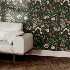 Dark Green Botanical Wallpaper | Vintage Wildflower Bedroom Bathroom | Removable Peel Stick, Prepasted | Country Cottage Floral Maximalist