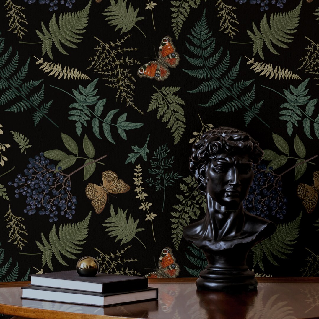 Moody Black Botanical Wallpaper Dark Butterfly Cottagecore Bedroom ...