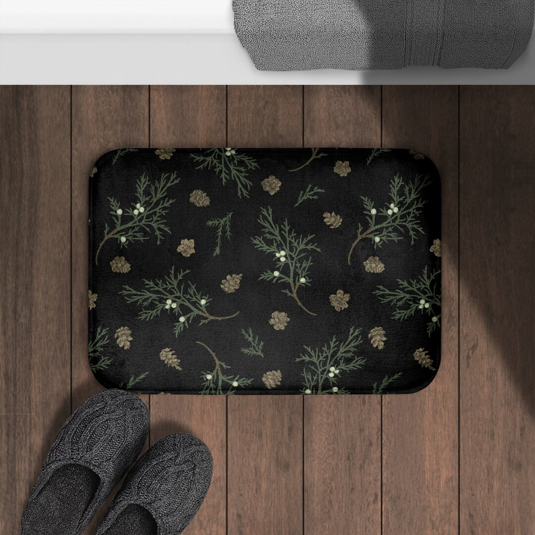 Vintage Pinecone Black Bath Mat | Non Slip Microfiber Memory Foam ...