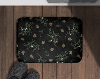 Vintage Pinecone Black Bath Mat | Non Slip Microfiber Memory Foam | Moody Dark Academia Bathroom Decor | Forest Boho Botanical Bathmat