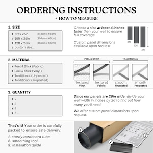 Puede incluir: Instrucciones de pedido para paneles de pared de diferentes tama&ntilde;os, materiales y cantidades. La imagen muestra un diagrama de c&oacute;mo medir tu pared, diferentes opciones de paneles y un primer plano del embalaje.