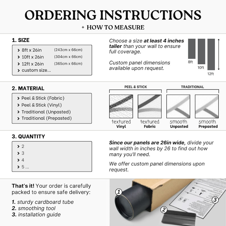 Puede incluir: Instrucciones de pedido para paneles de pared de diferentes tama&ntilde;os, materiales y cantidades. La imagen muestra un diagrama de c&oacute;mo medir tu pared, diferentes opciones de paneles y un primer plano del embalaje.