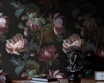 Moody Floral Wallpaper | Black Purple Flower Bedroom Bathroom | Peel and Stick or Prepasted | Dark Aesthetic Peonies Wallpaper